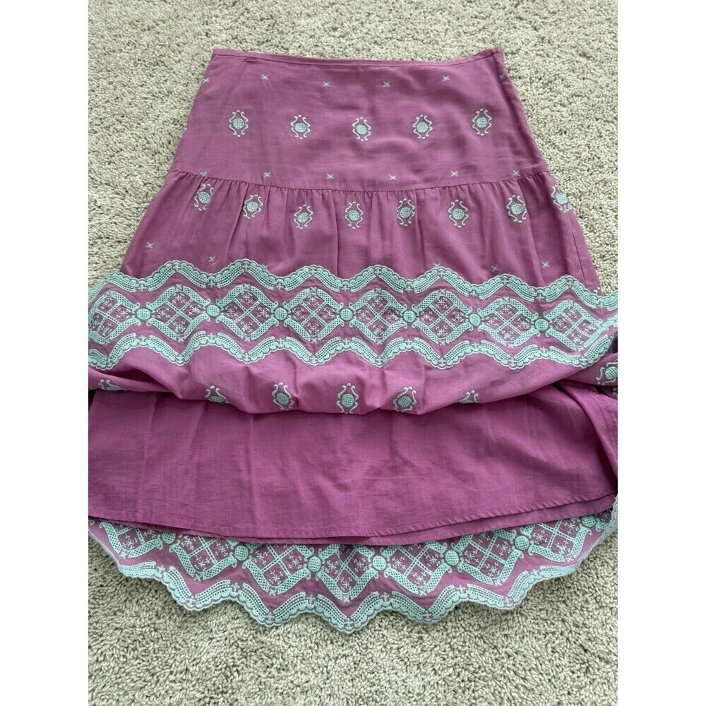 Tibi Women’s‎ Cotton Silk Pink Embroidered Tiered Scalloped Hem Skirt Sz 6 Lined